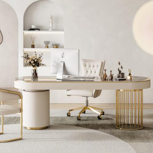 轻奢岩板书桌老板办公电脑桌书房写字台简约美容医美咨询接待桌椅 - 封面