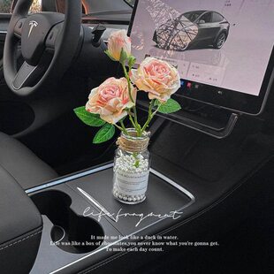 汽车摆件花束法式油画焦边玫瑰氛围车内装饰品适用水杯架车载花瓶