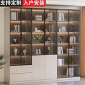 书柜一体到顶新中式 书柜轻奢高档酒柜带玻璃门展示柜整墙定制书架