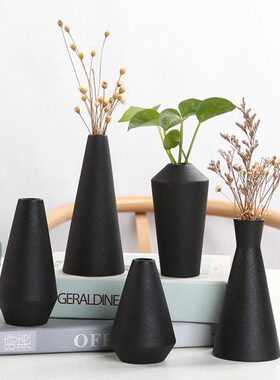 陶瓷小花瓶复古中日式黑色花器水培粗陶花器禅意创意几何桌面摆件