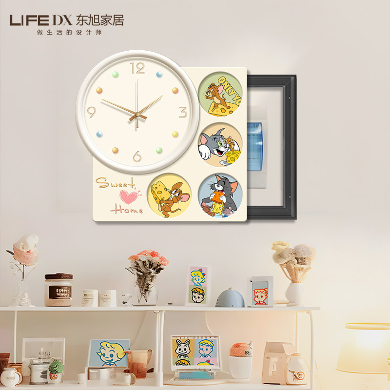 奶油风电表箱装饰画带钟表挂画猫和老鼠配电箱遮挡弱电箱壁画卡通图片