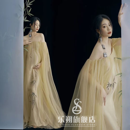 影楼孕妇装新款复古优雅气质水墨竹抹胸裙孕妈咪艺术照孕妇照服装