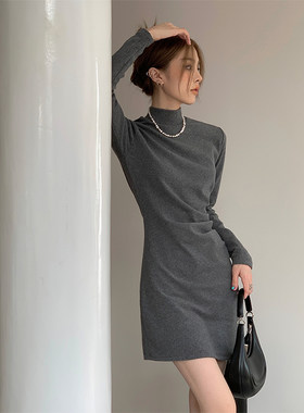 灰色打底连衣裙女包臀短裙秋冬内搭小个子高级感半高领长袖T恤裙