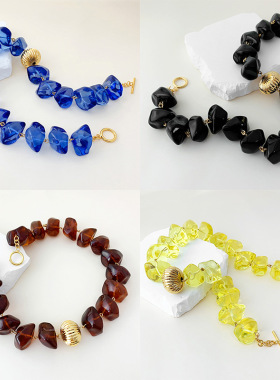 中古风小众vintage蓝色高透明彩色不规则树脂串珠项链毛衣链