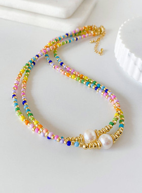 欧美首饰海滩度假波西米亚风彩色玻璃米珠串珠天然淡水珍珠项链女