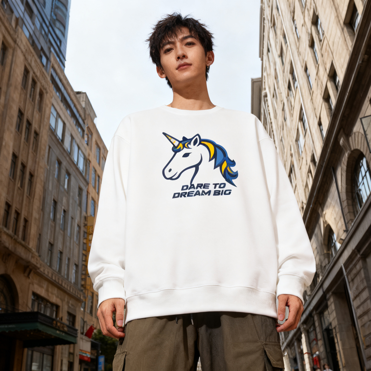 潮牌圆领卫衣男白色长袖T恤2025工装风独角兽元素硬朗有型套头衫