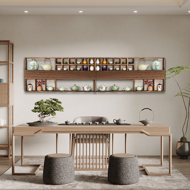 实木中式挂墙博古架墙上茶杯架壁挂式置物架多宝阁茶壶.茶具收纳