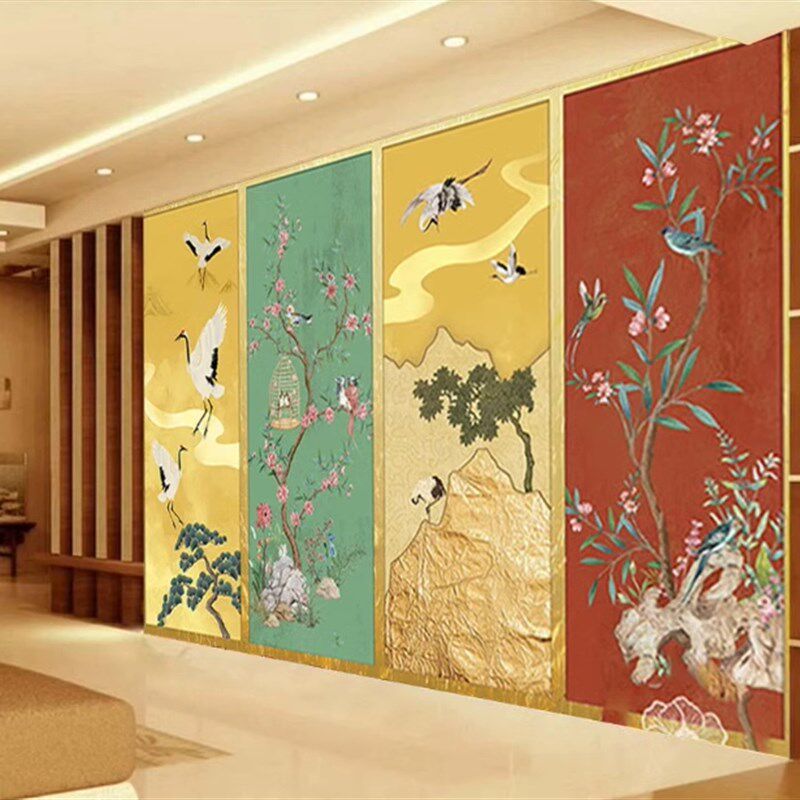 新中式工笔花鸟背景护o墙板祥云白鹤电视沙发碳晶板办公室客厅墙,基础建材,集成板,淘宝优惠券,粉丝福利购,淘宝优惠卷