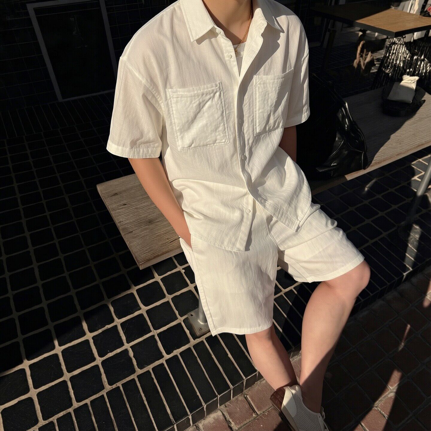 轻熟男士老钱白色天丝亚