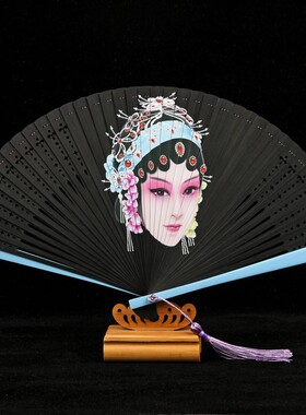 中国风全竹扇子古典京剧脸谱黑色复古风男女士镂空便携折扇舞蹈扇