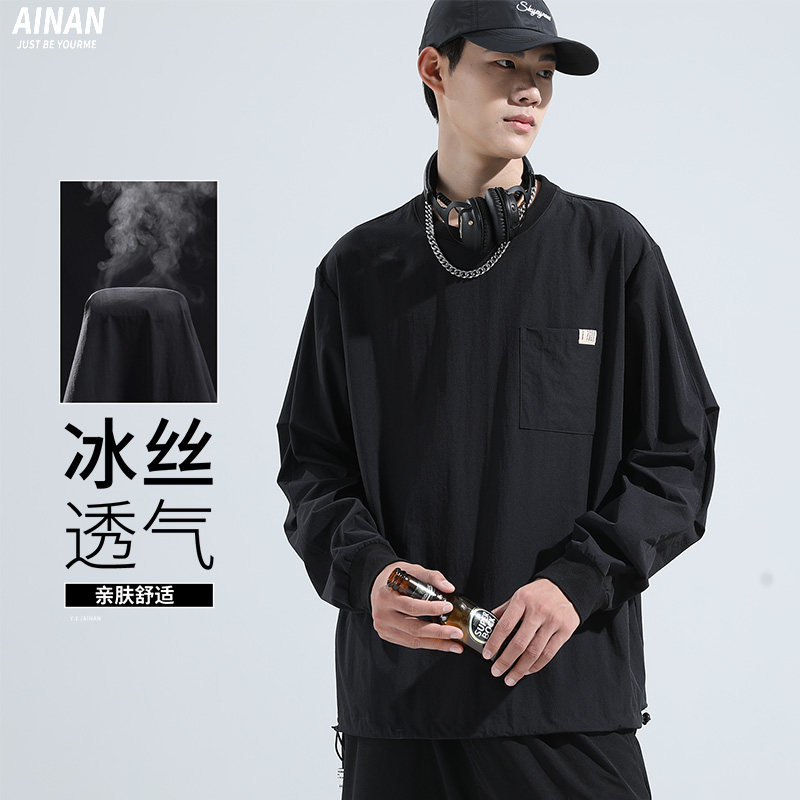 冰丝T恤男夏季黑色凉感透