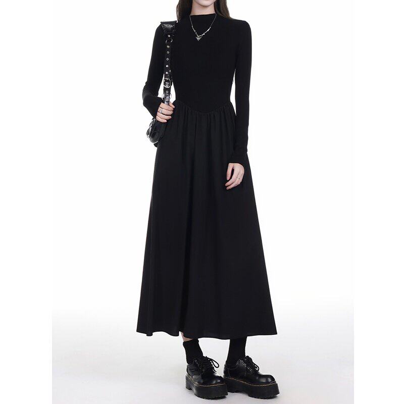 黑色半高领洋装女修身显