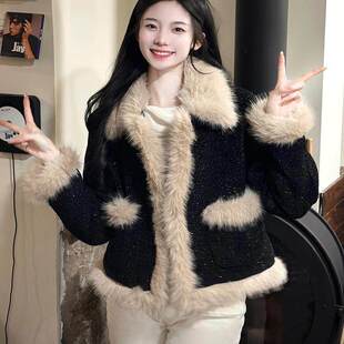 小香风外套女冬2025新款洋派环保狐狸毛加厚拼接彷皮草毛茸茸上衣