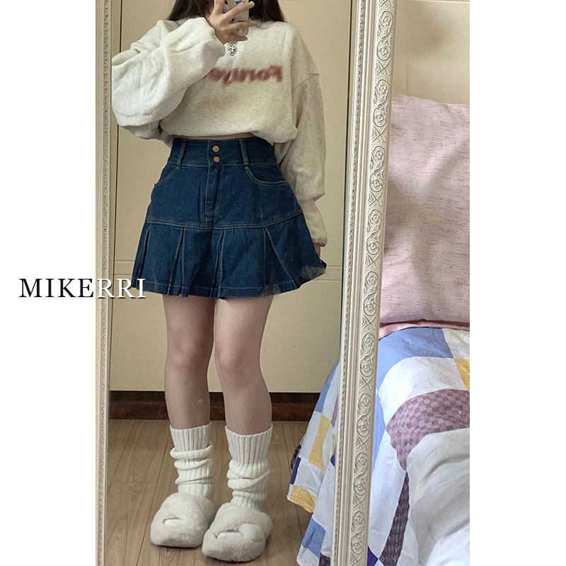 高腰百褶牛仔半身裙女夏