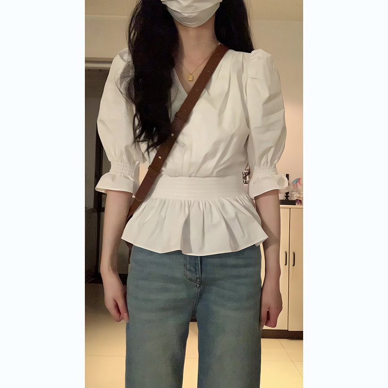 法式白色泡泡袖V领短袖衬