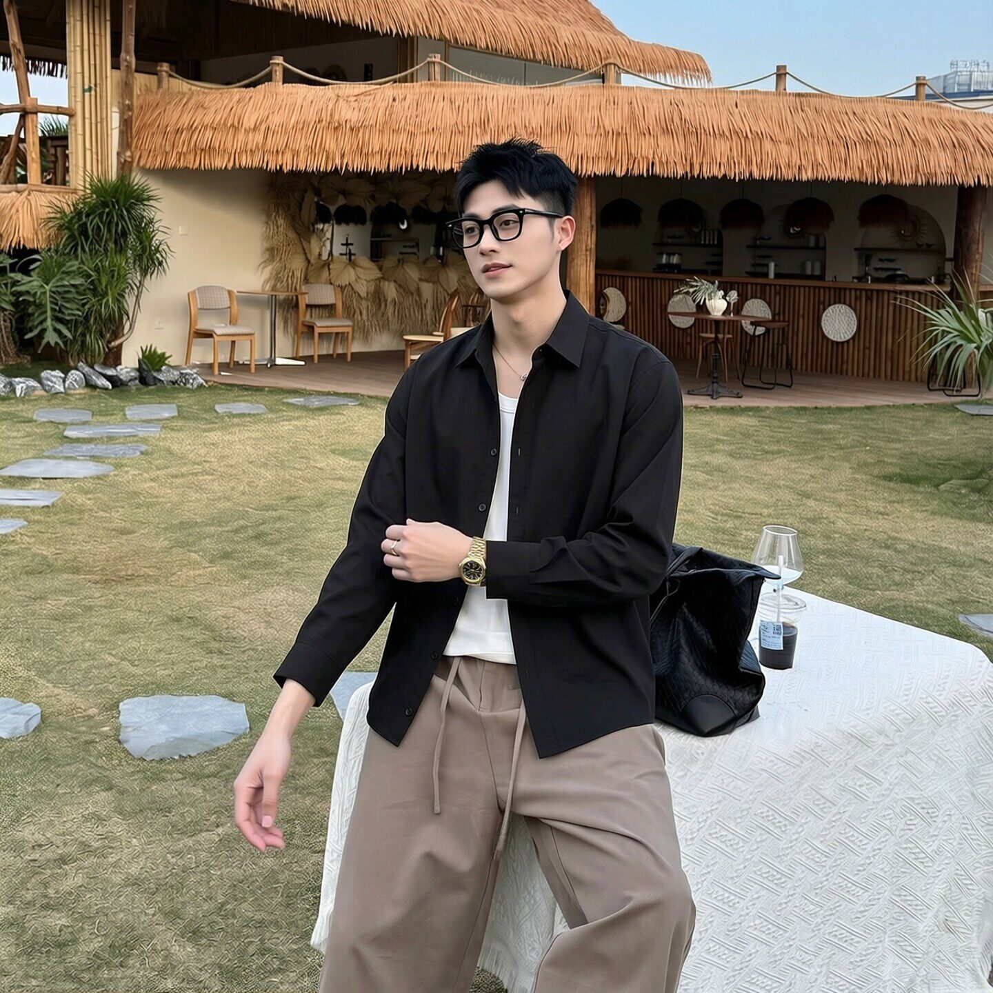 春季新款V领设计感衬衫男