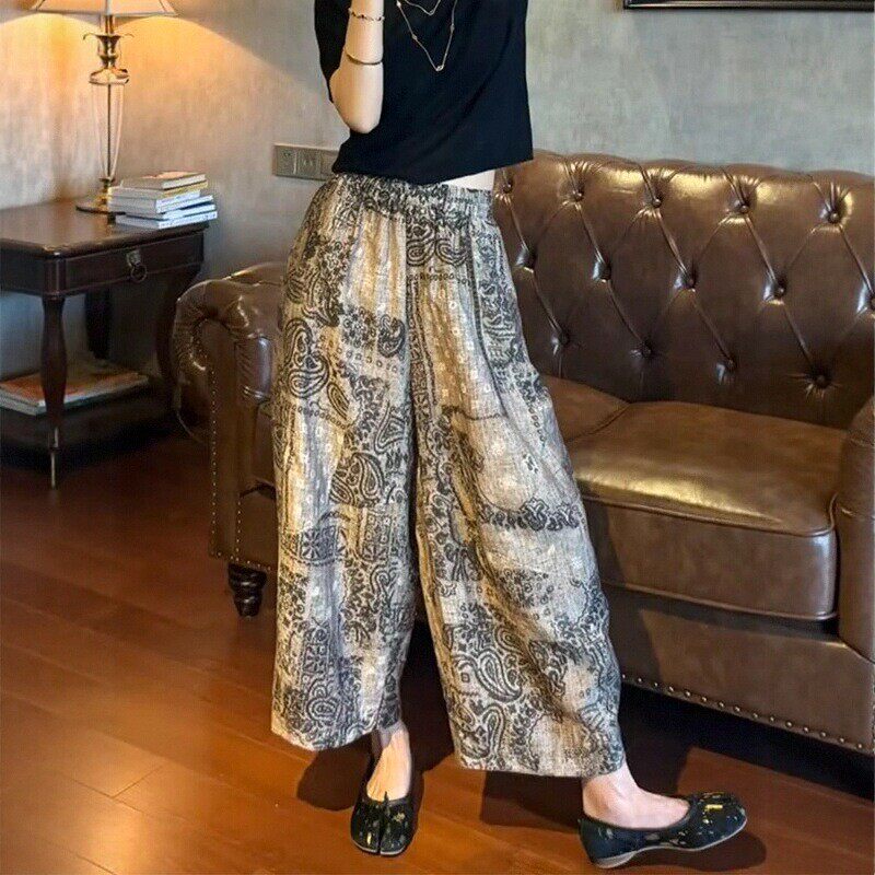 冰丝棉麻印花阔腿裤女夏