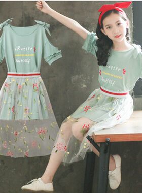 女童春夏装5儿童6春秋10小女孩公主淑女8露肩宽松9纯棉上衣连衣裙