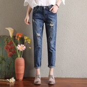 宽松阔腿bf破洞牛仔裤 高腰学生百搭休闲直筒裤 女夏155九分裤 韩版