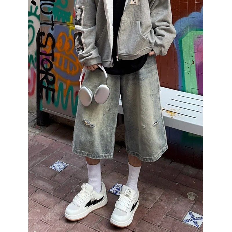 夏季水洗做旧复古破洞牛仔短裤男女款美式街头休闲宽松七分阔腿裤,男装,短裤,淘宝优惠券,粉丝福利购,淘宝优惠卷