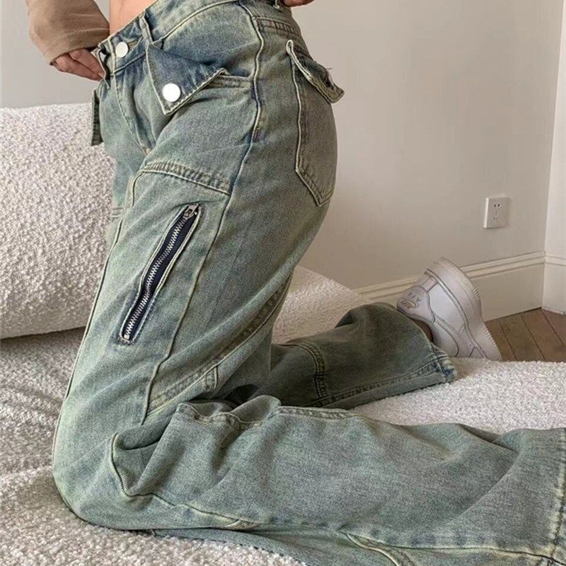 美式高街复古水洗宽松直筒工装牛仔裤大码女装高腰阔腿长裤显瘦潮,女装/女士精品,大码裤装,淘宝优惠券,粉丝福利购,淘宝优惠卷