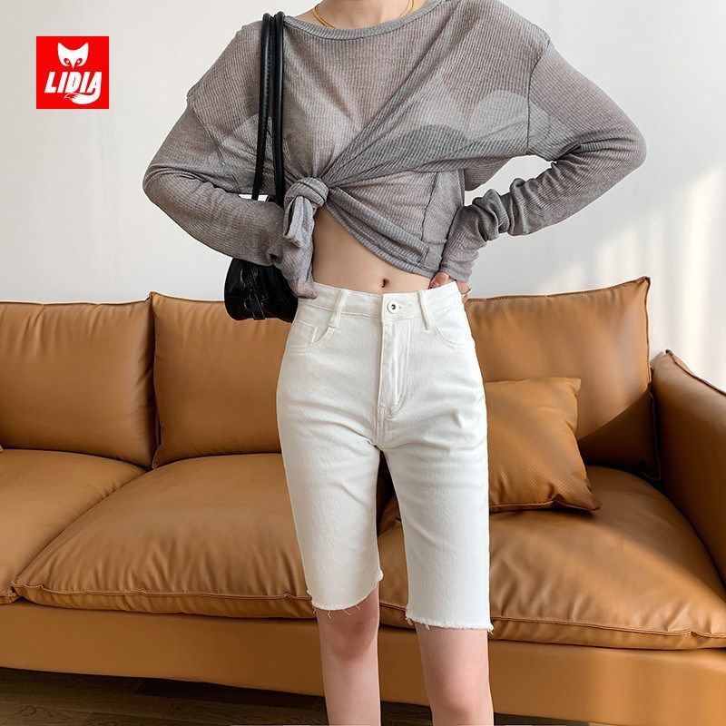 白色五分牛仔短裤女夏季2025新款毛边高腰显瘦弹力紧身骑行中裤子
