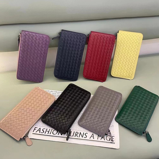 新款经典手工编织男女通用真皮长款钱包超薄手拿包拉链手机包羊皮