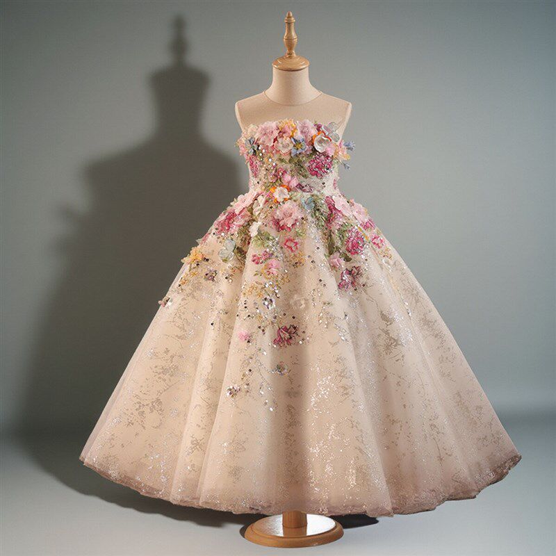 女童礼服高端法式森系花朵小主持人走秀钢琴演出服生日花童公主裙