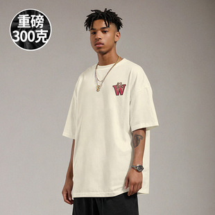 300g重磅美式3D印花仿刺绣夏季短袖t恤大码男装纯棉胖子半袖夏季