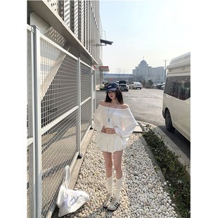 夏季新款时尚气质甜辣白色斜肩短款长袖T恤上衣蓬蓬裙裤两件套女