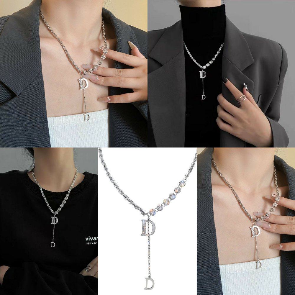 合金麻花链镶锆石字母D钛项链