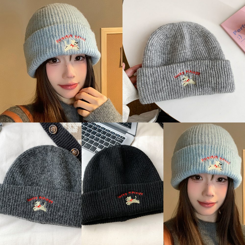 新款可爱小狗刺绣针织毛线帽女年