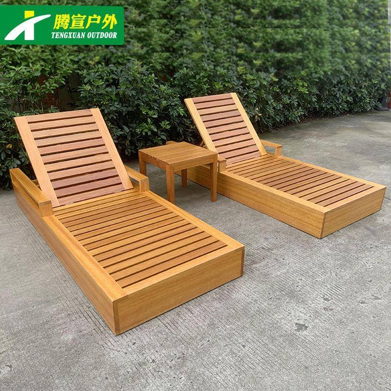 户外沙滩躺椅别墅游泳池椅子庭院露天防腐实木折叠椅室外休息躺床