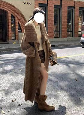 加慵懒大翻领中新长款HZE秋羊毛针织开衫女厚冬季款高领外套宽松