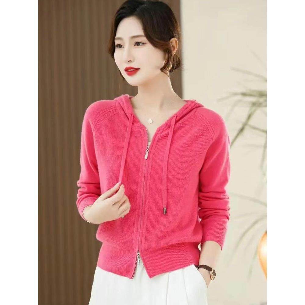 100%外毛衫双拉春链毛衣秋冬针织套yfm81553连羊帽减龄全羊毛开衫