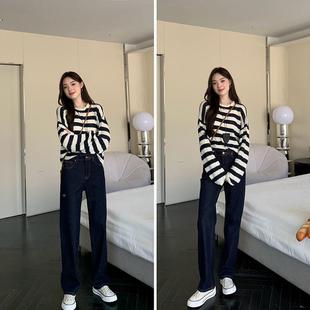 宽GHM松显瘦阔腿5裤 女春秋202色年新款 榜深蓝直筒牛仔裤 必入名