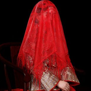 2023中式高档秀禾头红盖头红色透明新娘盖出嫁回女新款结婚头纱半