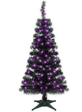 人造万圣节圣诞树，预亮的4英尺黑色金属丝圣诞松树，点亮70个LED