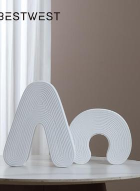 Bestwest白色花瓶奢感高摆件陶瓷白色字母插花高级装饰品花器