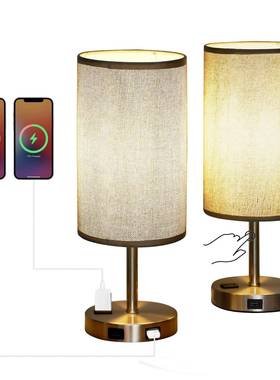 USB台灯触摸控制可调节卧室灰色亚麻屏幕台灯出口爆款