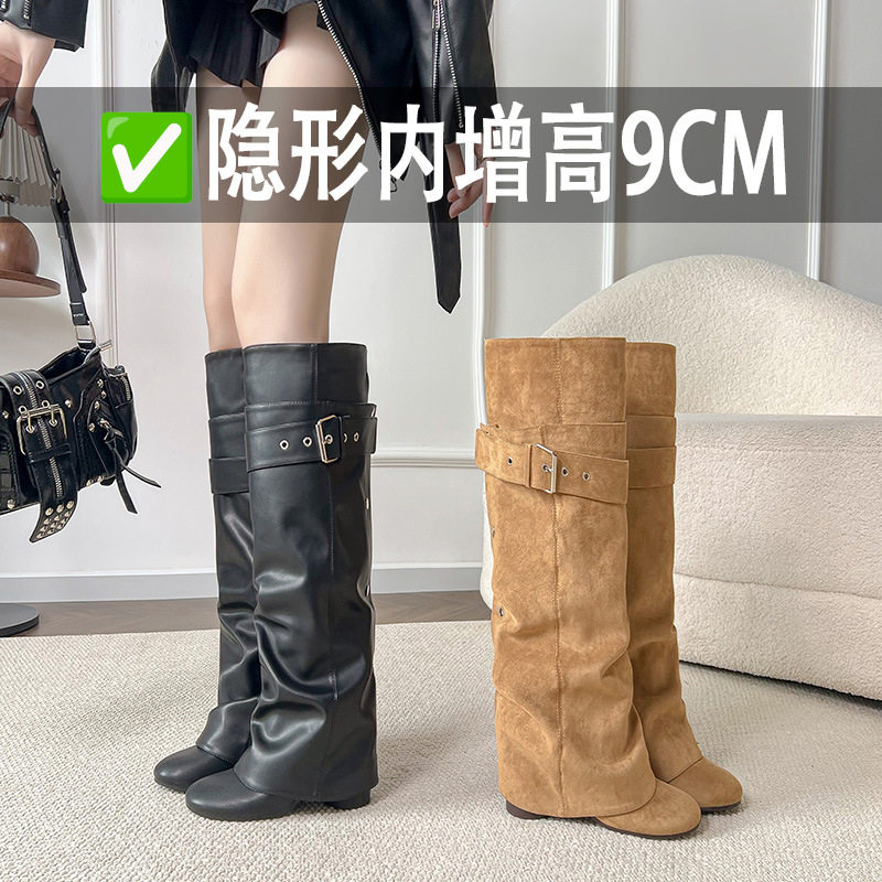 可拆卸两穿卡其色中筒靴女2026秋新款不过膝长筒靴高筒骑士靴
