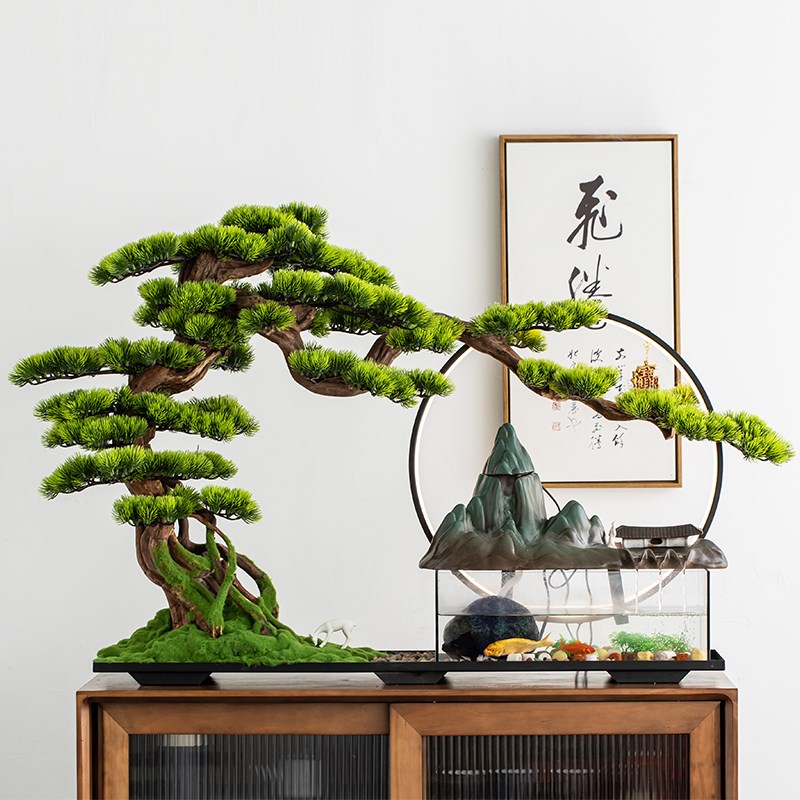 大型迎客松鱼缸流水摆件办A公室桌面酒店玄关装饰盆景景观