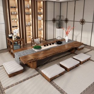 日式实木榻榻米茶桌椅组合原木整板茶几禅意泡茶台长条桌阳台矮桌