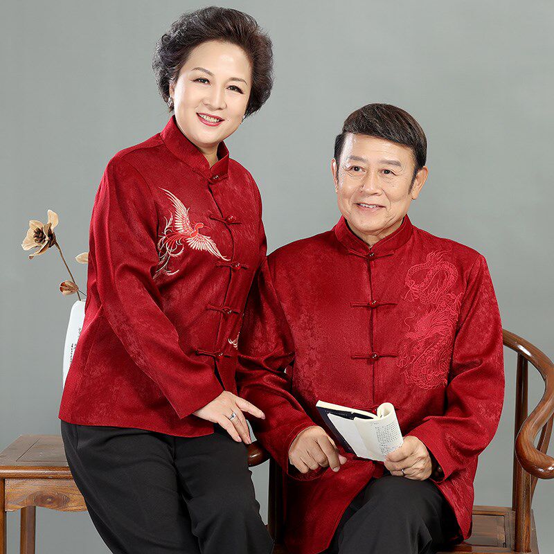 父母高档唐装男中老年秋冬爷爷奶奶夹克套装老人生日过寿喜庆外套