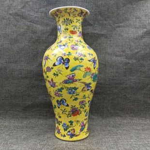 粉彩黄釉万花暗刻鱼尾瓶大清雍正款老货仿古瓷器古玩捡漏收藏摆件