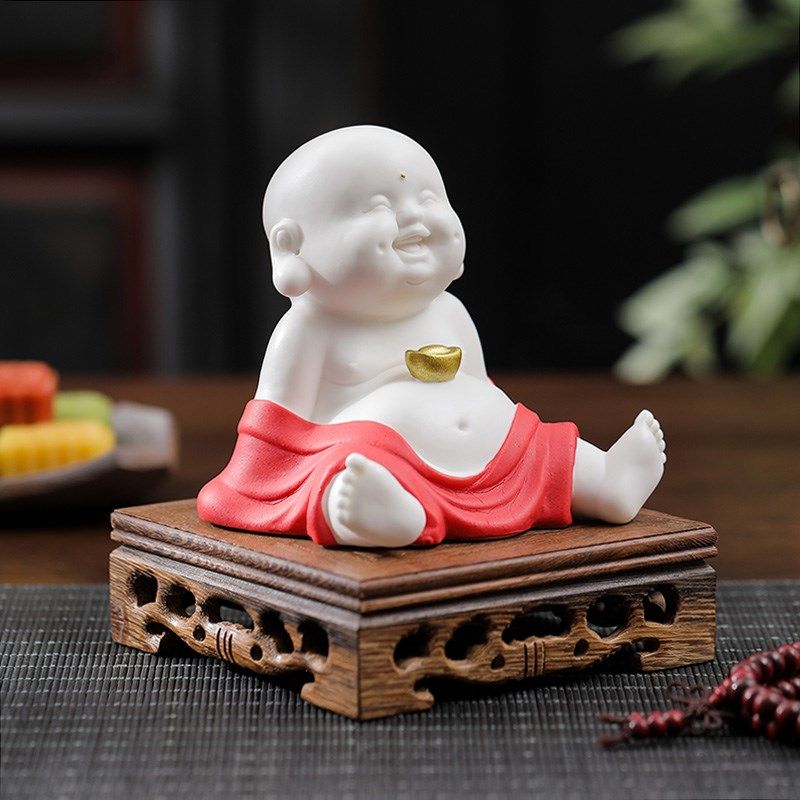 陶瓷小和尚摆件禅趣小沙弥家居书房装饰品禅Q意人物茶台桌面摆设