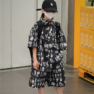 2024新款 短裤 套装 满印黑白碎花衬衫 男孩两件套潮 儿童薄款 男童夏装