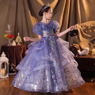 儿童紫色晚礼服公主裙2024新款女童模特走秀主持钢琴演出服演奏服