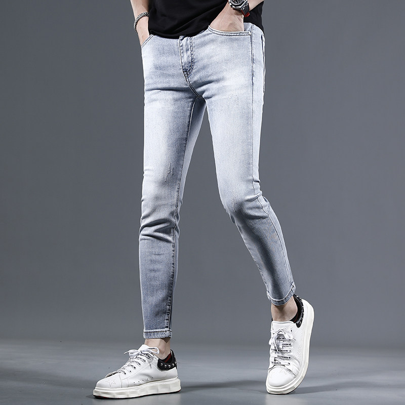 夏季薄款九分牛仔裤男修身小脚裤浅蓝色弹力休闲男士裤子9分夏天