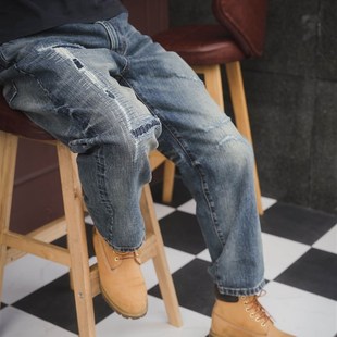 破坏贴布复古刀割水洗直筒牛仔裤 春秋潮工装 男 九分裤 日系休闲新款